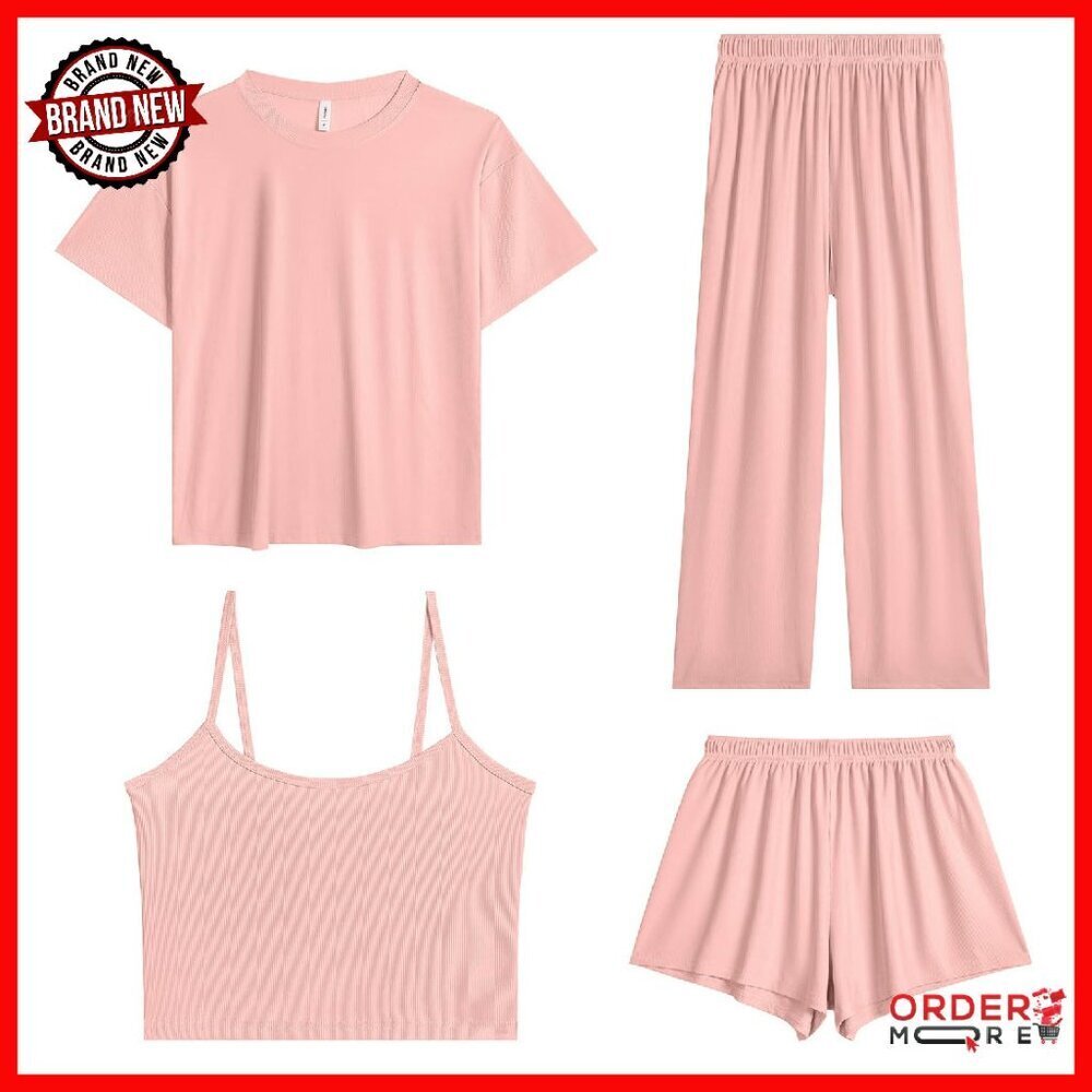 Ice Silk Pajama Set 4-Piece Lounge Sleepwear Women's S-M-L-XL - Picture 1 of 7